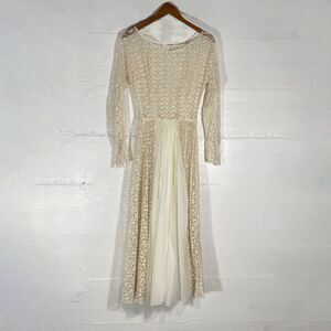 Vintage Lace & Chiffon Long Sleeve Wedding Dress Ivory Romantic Boho Gown FLAWS